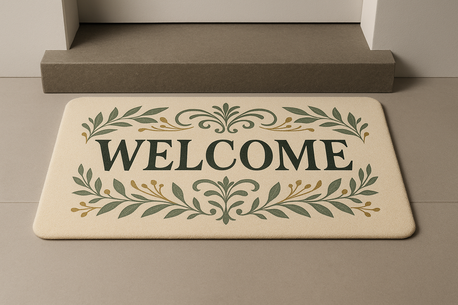 an landscape image of foot mat printed with aesthetically welcome theme. its in front of the door step. studio photography