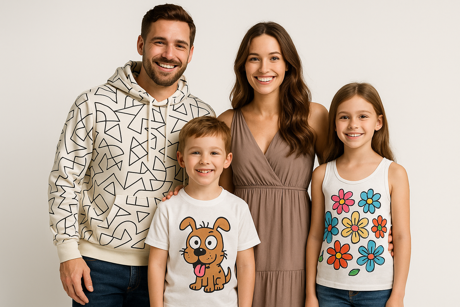 an landscape image of a happy fahionable family. father wearing print on demand hoodie, mother wearing elegannt dress. boy wearing pod t-shirt, girl wearing pod tank top. every pod has different doodle on it. studio photography