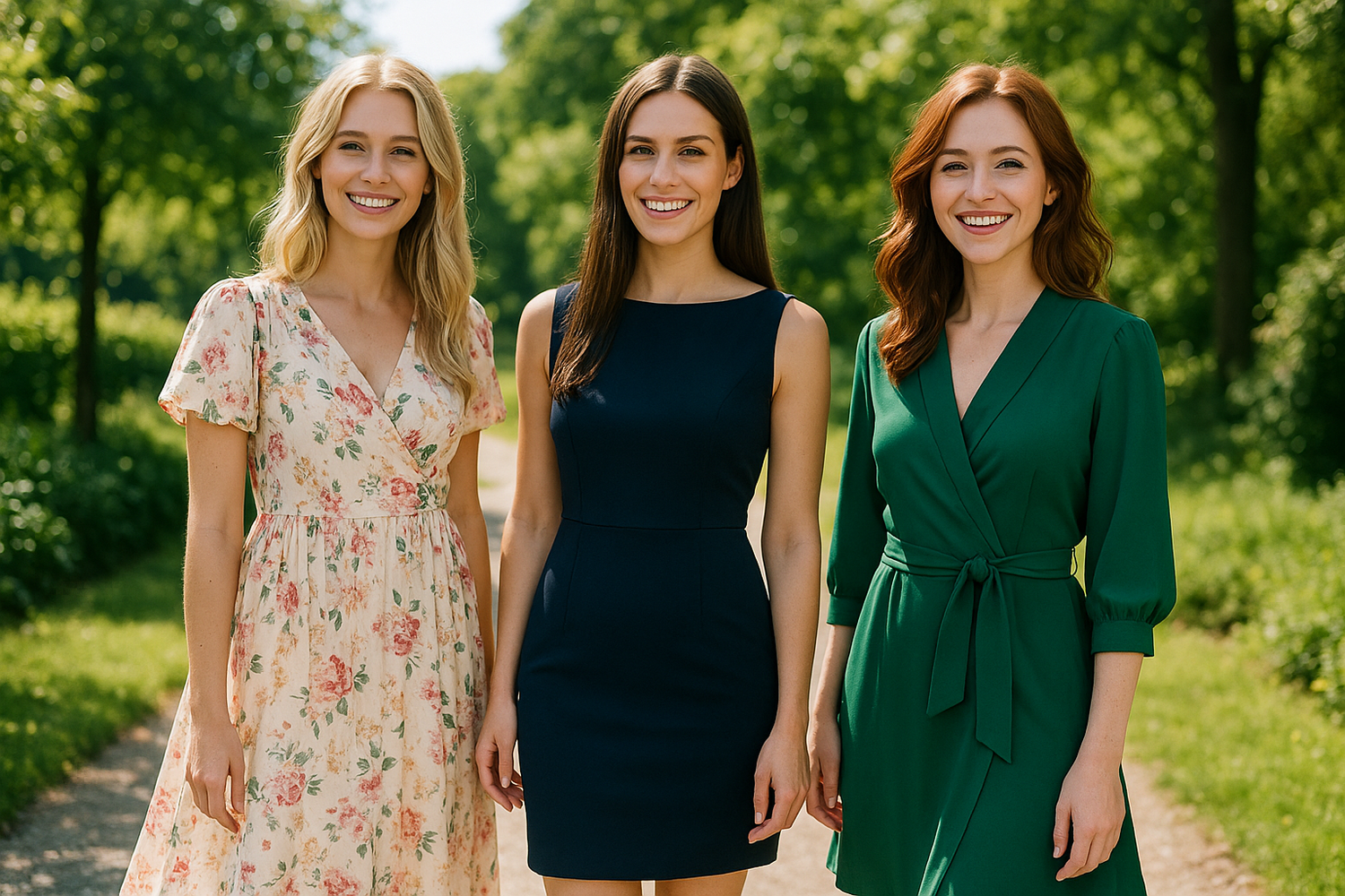 image of 3 different european young women in 3 different elegant dress in outdoors, happy, day light