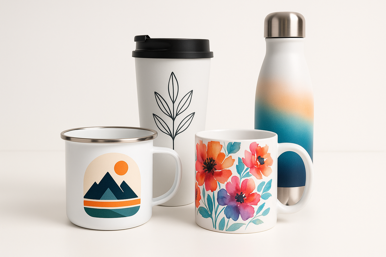 square image of different print on demand cups, enamel cups, thermobecher,water bottle. Every product have different appropriate motifs and beautiful image on it, studio lighting